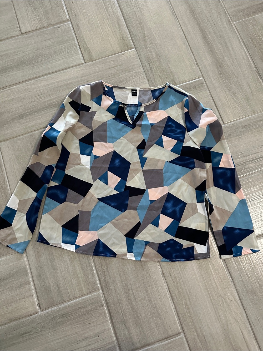 SHEIN Geometric Print Long Sleeve Blouse in Navy, Light Blue, Gray, Pink, Black